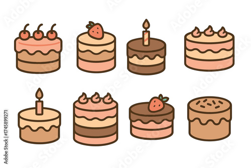 Cute birthday cakes cartoon vector icon set. Collection of decorated layer cakes for celebration.
