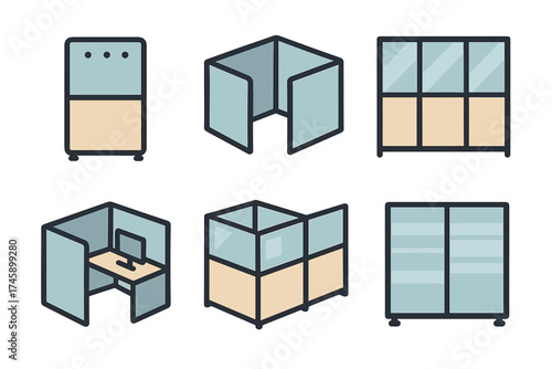 Office cubicle and partition furniture vector icon set. Collection of modern workspace and open office solutions.