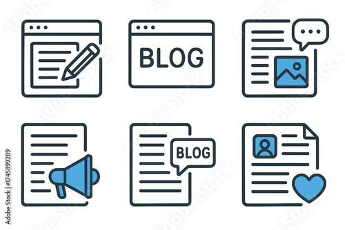 Blog and content creation line icon set. Vector symbols for writing articles, blogging, and online publishing.