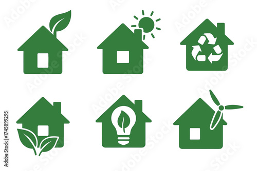 Eco house and green energy vector icon set. Green symbols of sustainable, ecological, and environmentally friendly homes.