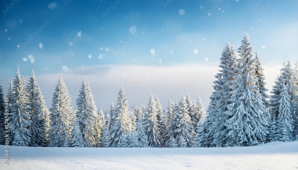 Naklejka premium Serene Winter Landscape With Snowy Fir Trees And Sparkling Bokeh Under A Pale Blue Sky