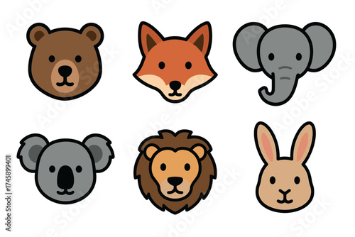 Cute animal heads vector icon set. Cartoon collection of bear, fox, elephant, and lion faces.
