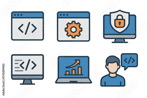 Web and software development vector icon set. Symbols for programming, coding, security, and data analysis.