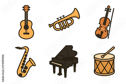 Musical instruments cartoon vector icon set. Collection of guitar, piano, violin, and trumpet for orchestra and band.