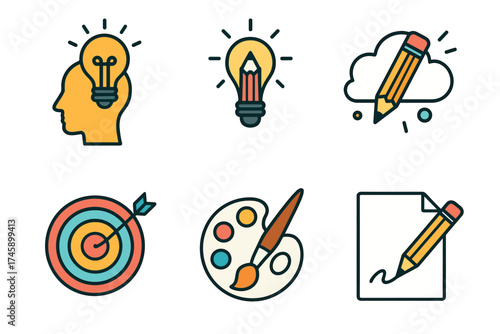 Creativity and idea generation vector icon set. Symbols for innovation, design, writing, and achieving goals.
