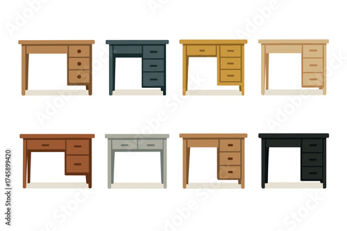 Wooden office and home desks vector illustration set. Collection of various computer tables and writing desks.