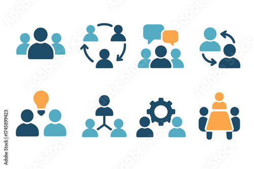 Teamwork and collaboration flat vector icon set. Business symbols for team management, communication, and partnership.