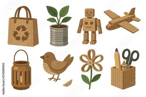 Recycled crafts and upcycled objects vector illustration set. Collection of eco friendly handmade items.