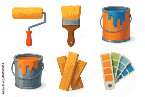 Painting and home renovation tools vector illustration set. Realistic collection of paint, brush, and roller.