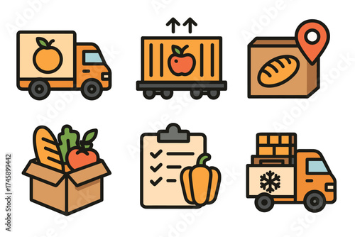 Food delivery and logistics vector icon set. Symbols for grocery transport, produce shipping, and supply chain.
