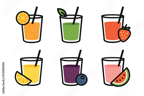 Fresh juice and smoothie glasses vector icon set. Colorful collection of healthy fruit and vegetable drinks.