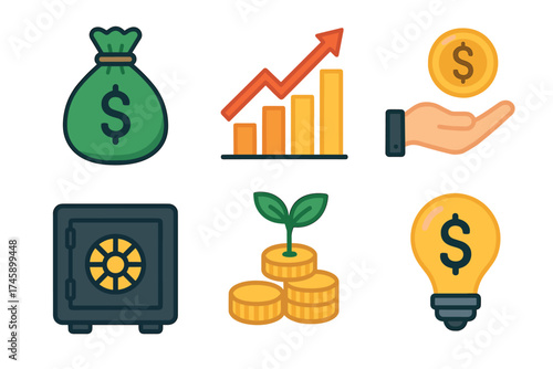 Finance and investment growth flat vector icon set. Collection of symbols for savings, money, and profit.