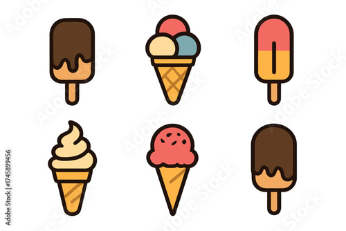 Ice cream and popsicles vector icon set. Colorful collection of frozen summer desserts and treats.