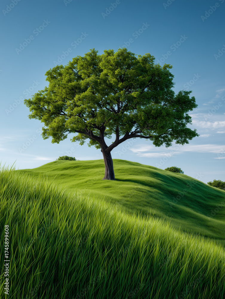 Obraz premium Green tree standing on a grassy hill under blue sky