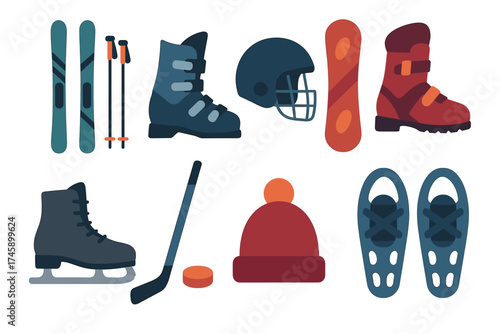 Winter sports and activities equipment flat vector set. Collection of items for skiing, snowboarding, and hockey.