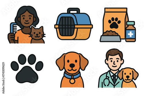Pet care and veterinary clinic vector icon set. Symbols of services for cats and dogs, including grooming and health.