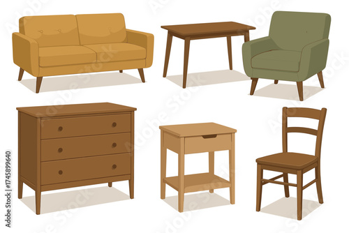 Mid-century modern furniture vector illustration set. Collection of retro sofa, chair, table, and dresser for interior design.