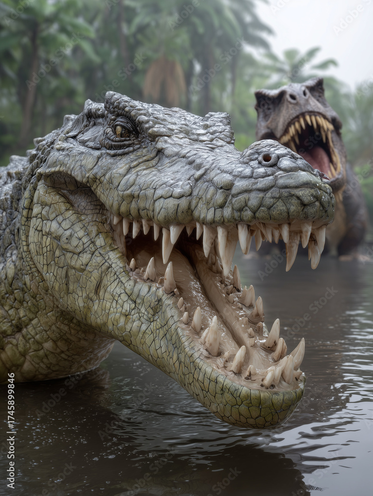 Obraz premium Crocodile opening mouth with tyrannosaurus rex in background