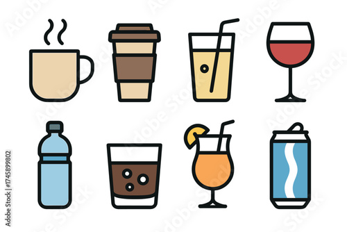 Drinks and beverages vector icon set. Simple collection of various hot and cold drink symbols.