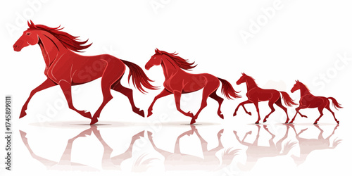 Illustration showing a series of red horses running in a line with reflections on a white background
