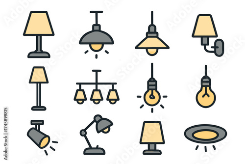 Lamps and lighting fixtures vector icon set. Collection of various interior lights for home and office.