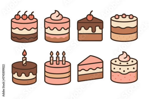 Cute cakes and birthday desserts cartoon vector icon set. Collection of decorated layer cakes and slices.
