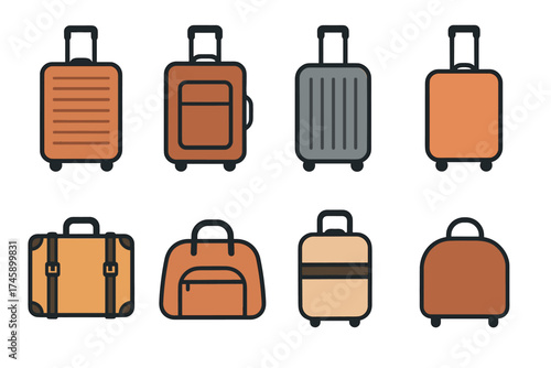 Luggage and suitcase for travel vector icon set. Collection of baggage and bags for vacation and journey.
