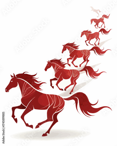 A sequence of stylized red horses running diagonally upwards on a white background illustration art