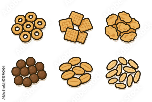 Breakfast cereal types cartoon vector icon set. Top view collection of various corn flakes, puffs, and loops.