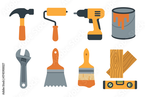 Construction and DIY tools flat vector set. Collection of equipment for home improvement and renovation projects.