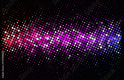 Vibrant halftone dots in pink, red, and purple form a glowing wave across a black background. Vector illustration.