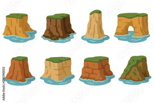 Sea cliffs and coastal rock formations vector illustration set. Collection of cartoon islands and sea stacks.