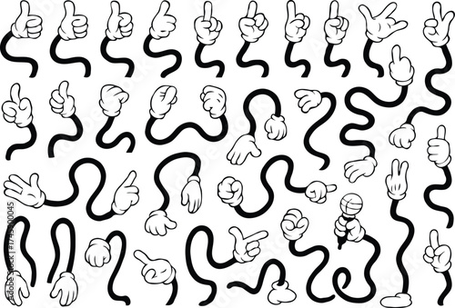 Retro cartoon legs and hands. Vintage hand, foot and f. Hands with gloves and feet with boots, various poses for characters, a set of poses, gestures, placement of hands and feet. Body parts mascot.
