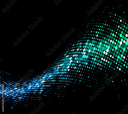 Dynamic halftone wave in blue and green tones flowing over a black background. Vector illustration.