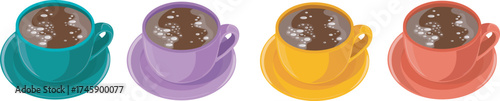A set of multi-colored coffee cups on a white background