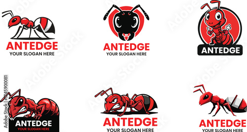 ANTEDGE LOGOS MASCOT LOGO – Set of six dynamic ant illustrations with expressive poses and modern styling for graphic branding