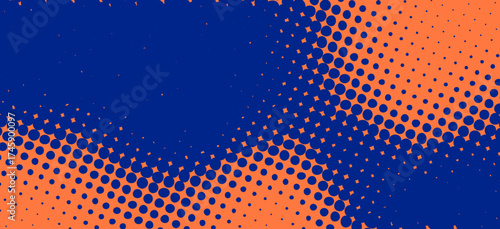 Abstract vector halftone background with bold blue dots on orange. Retro comic-style pop art texture with dynamic dotted gradient effect.