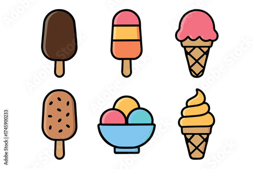 Ice cream and frozen desserts vector icon set. Colorful collection of popsicles, cones, and soft serve treats.