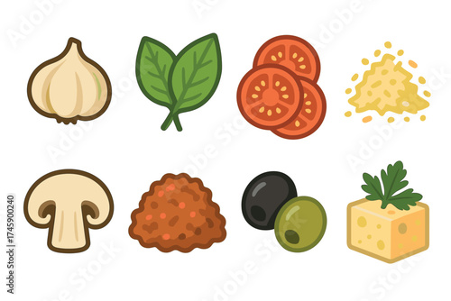 Italian food and pizza ingredients vector icon set. Doodle collection for cooking pasta and other dishes.