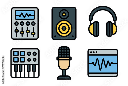 Music production and recording studio equipment vector icon set. Collection of audio engineering and DJ gear.