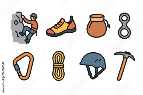 Rock climbing and mountaineering equipment vector icon set. Collection of gear for alpine and outdoor adventure.