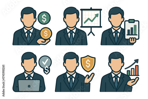 Businessman and financial advisor vector icon set. Collection of characters for business, investment, and management concepts.
