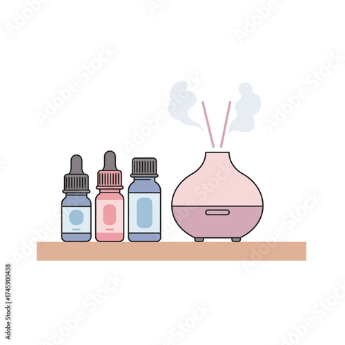 Simple Line Aroma Diffuser and Essential Oil Bottles Illustration on Shelf