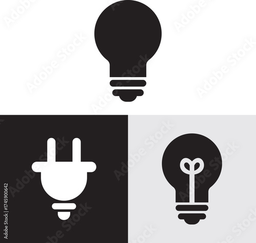 Electric Power Icon Set. Bulb, Thunder, and Plug Silhouette Symbols