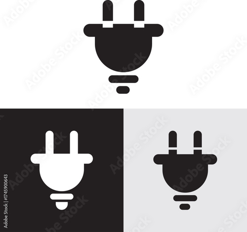 Electric Power Icon Set. Bulb, Thunder, and Plug Silhouette Symbols