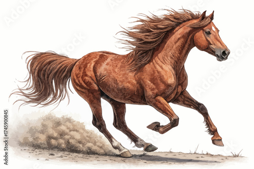 A detailed painting of a chestnut horse galloping with dust kicking up in a white background scene artwork