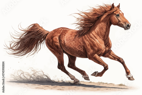 A majestic brown horse galloping with flowing mane and tail in a dynamic and powerful motion scene