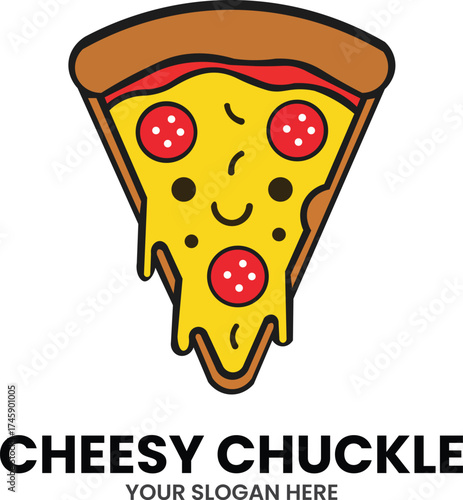 CHEESY CHUCKLE MASCOT LOGO – Smiling pizza slice with melted cheese and pepperoni expressing humor and appetizing fun