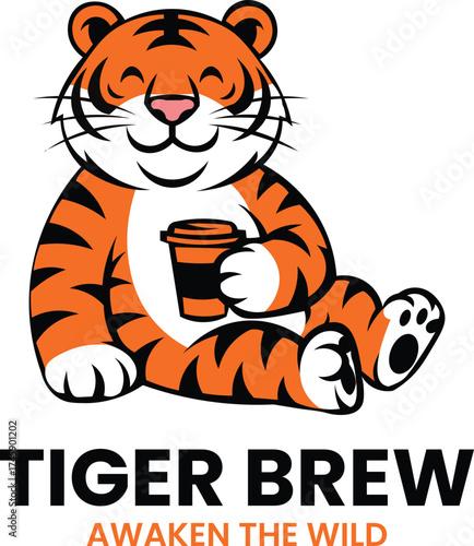 TIGER BREW MASCOT LOGO – Calm tiger holding a coffee cup with tagline “Awaken the Wild” for bold beverage or café branding