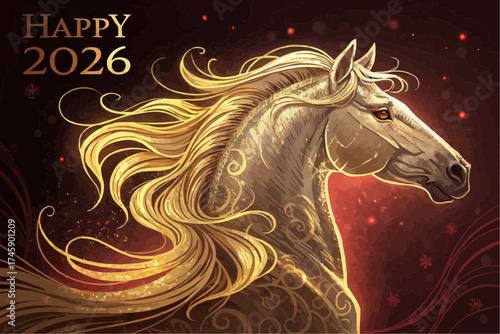 Illustration of a horse with golden mane and happy 2026 text on a dark red background design